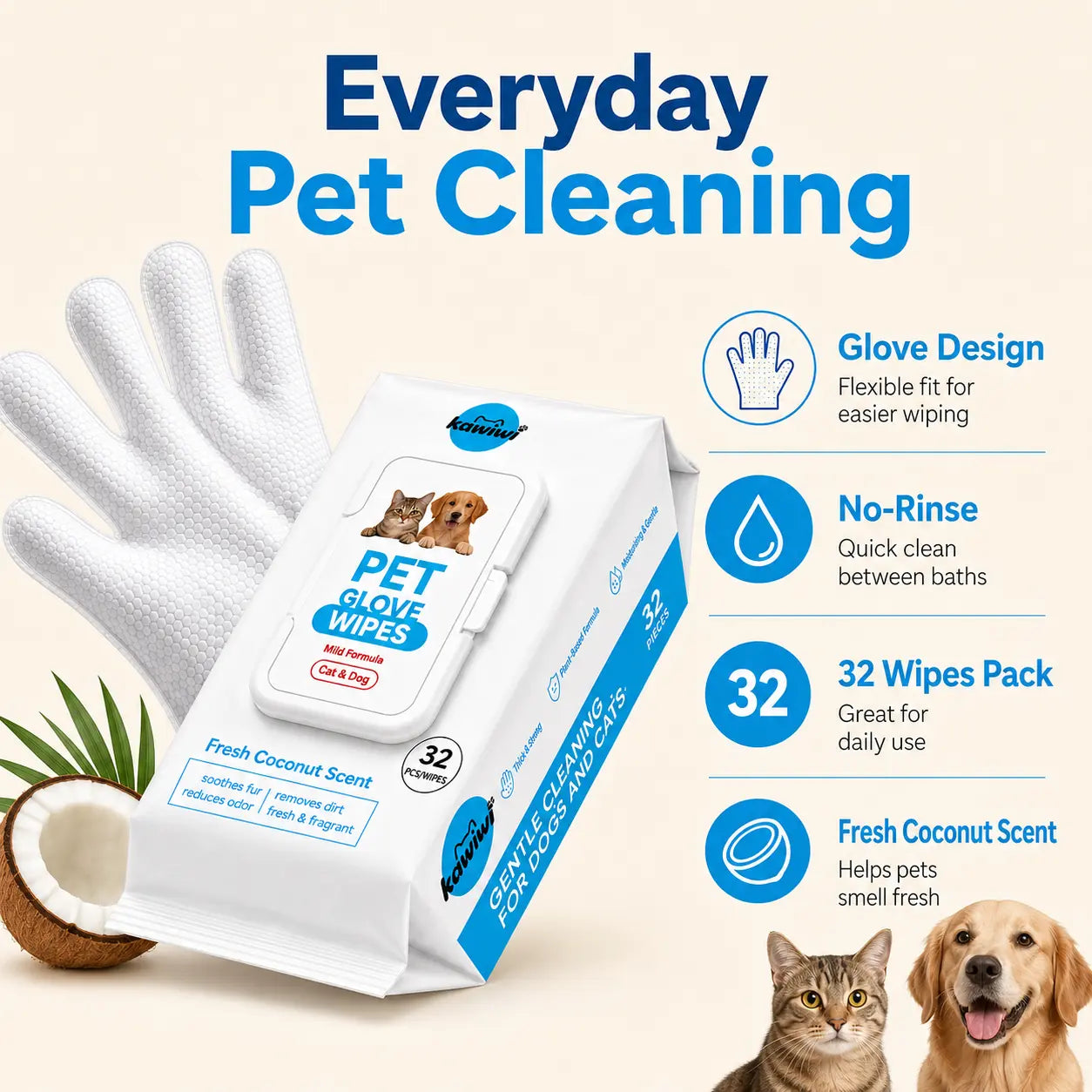 Disposable pet grooming gloves for waterless dog cleaning