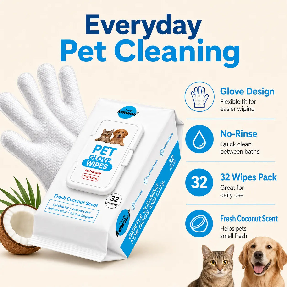 Disposable pet grooming gloves for waterless dog cleaning