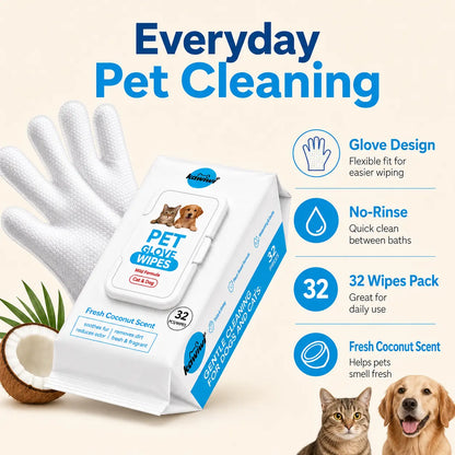 Kawiwi 32-Pcs Pet Grooming Wipes, Coconut Scent Disposable Glove Wipes for Dogs & Cats, Hypoallergenic No-Rinse Dry Cleaning Grooming Products, Fur Nourishing, Hair Removal, Skin Care, Daily & Travel Use
