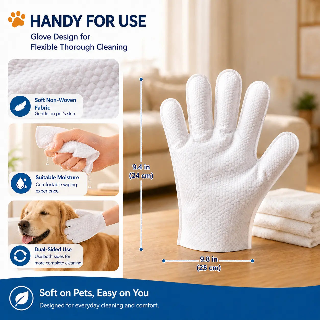 Disposable pet grooming gloves for waterless dog cleaning