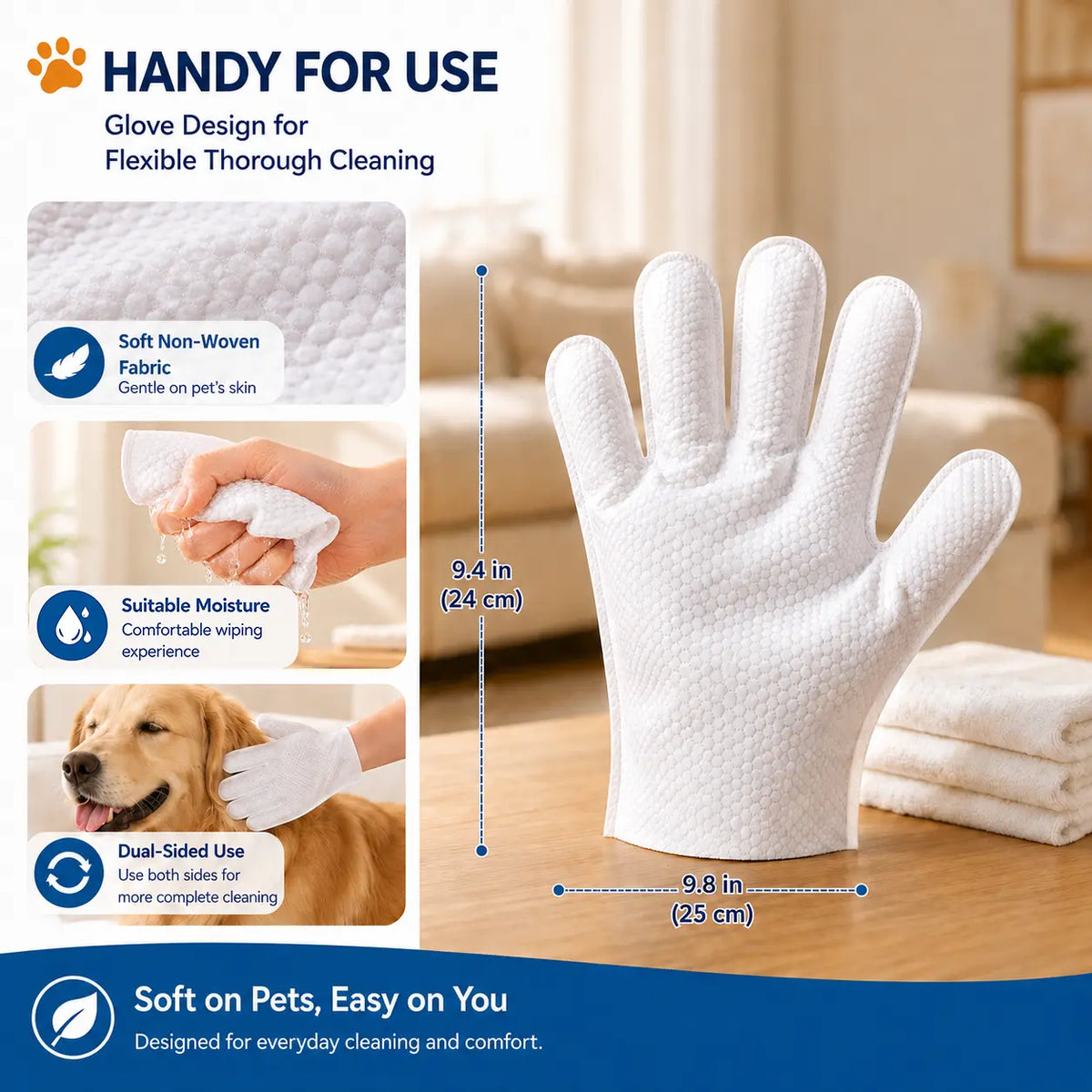 Disposable pet grooming gloves for waterless dog cleaning