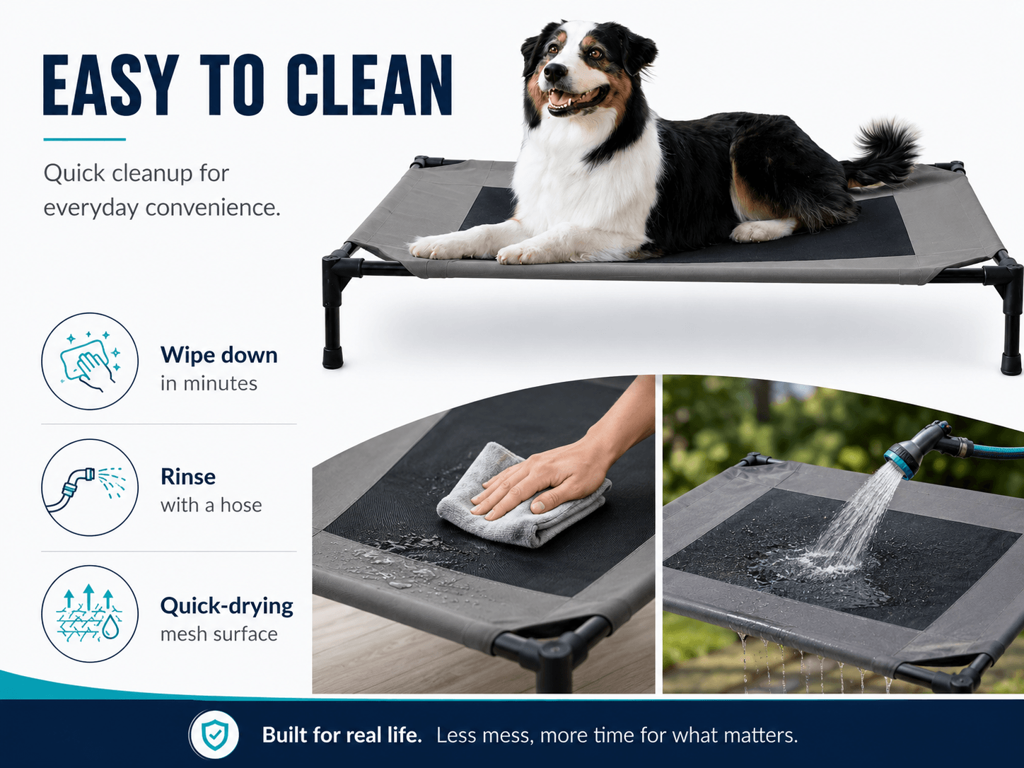 Raised outdoor dog bed with metal frame and mesh center