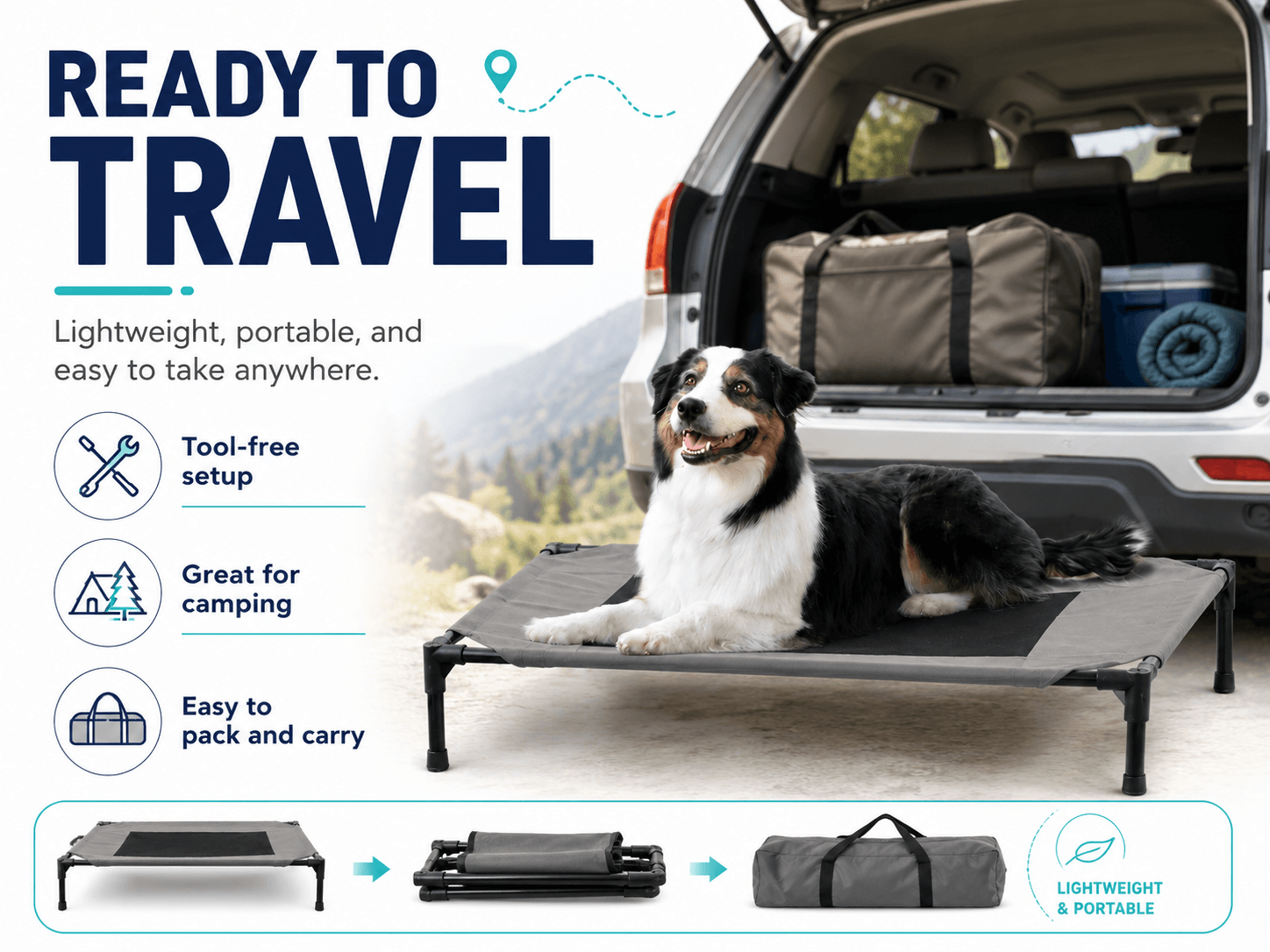 Portable elevated dog cot for large breed dogs