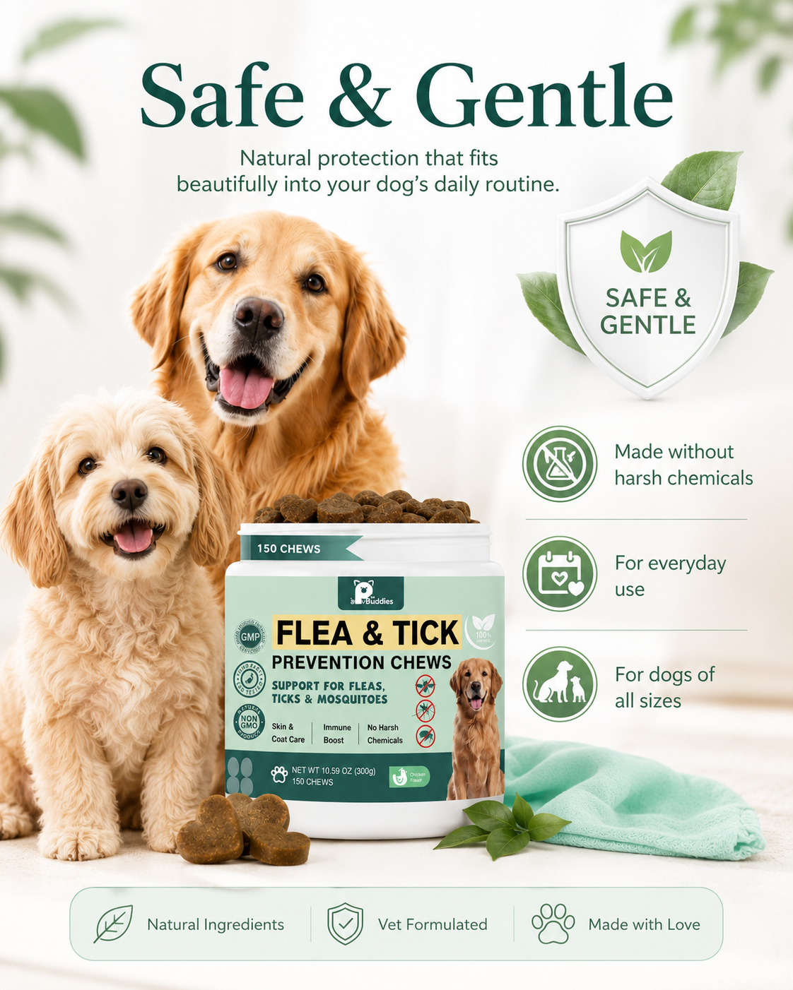 Natural Flea & Tick Soft Chews for Dogs – Chicken Flavor | 50 Chews | All Breeds