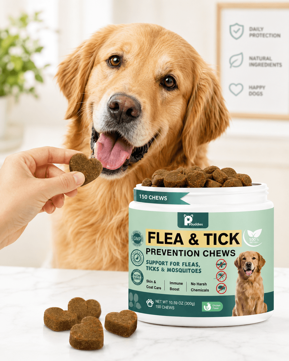 PawBuddies natural flea and tick soft chews for daily dog care