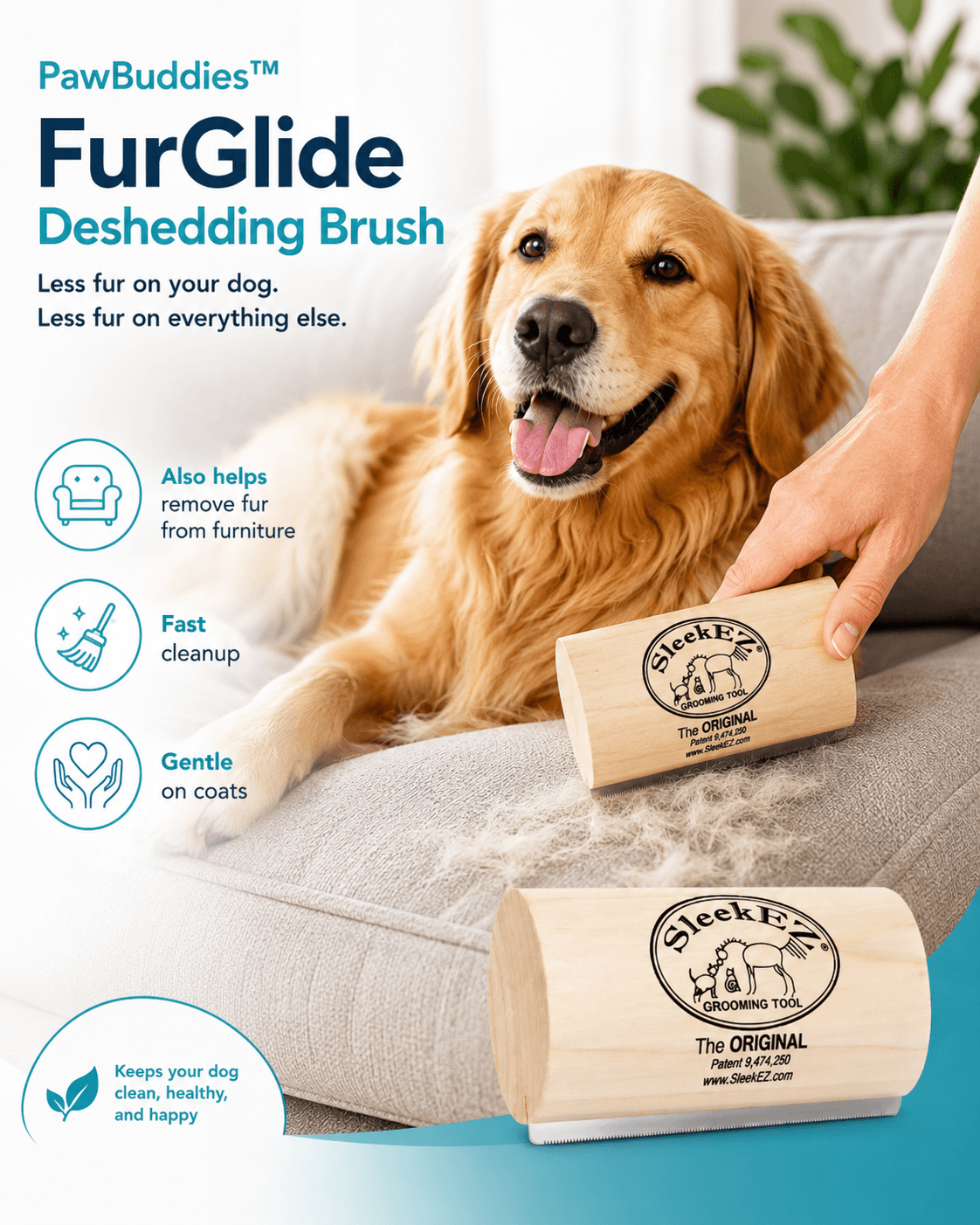 FurGlide dog grooming brush for short and long hair